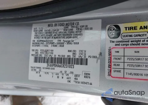 2012 Ford Fusion Se from USA, damaged, VIN 3FAHP0HA6CR231023